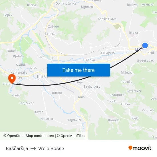 Baščaršija to Vrelo Bosne map