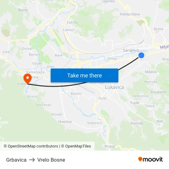 Grbavica to Vrelo Bosne map