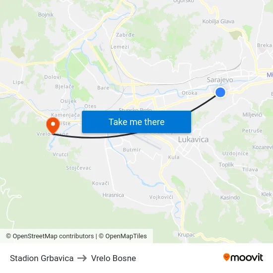 Stadion Grbavica to Vrelo Bosne map