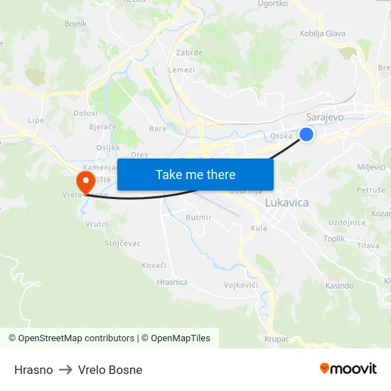 Hrasno to Vrelo Bosne map