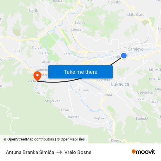 Antuna Branka Šimića to Vrelo Bosne map