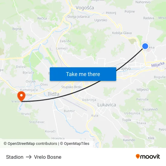 Stadion to Vrelo Bosne map