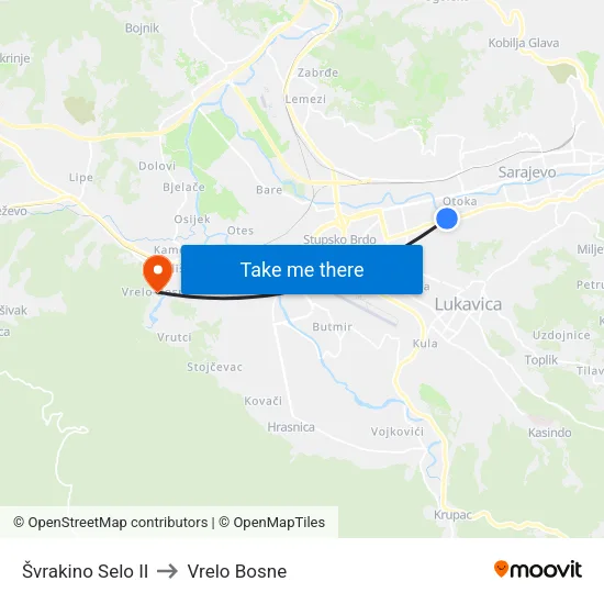 Švrakino Selo II to Vrelo Bosne map