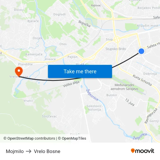 Mojmilo to Vrelo Bosne map