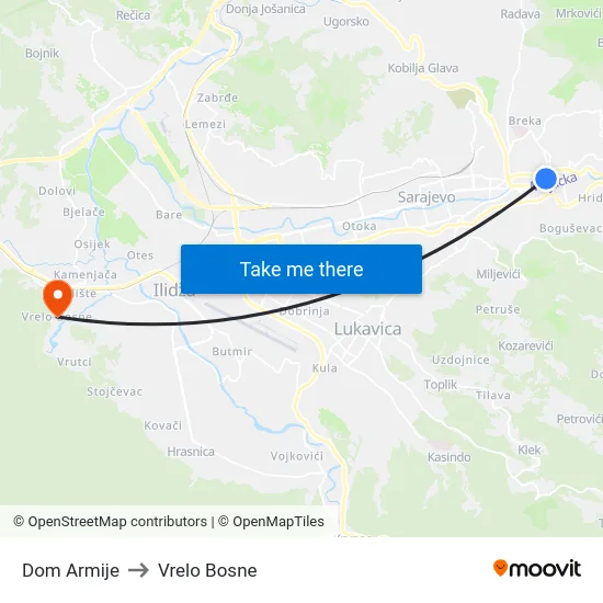 Dom Armije to Vrelo Bosne map
