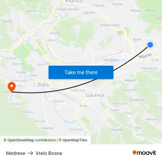 Medrese to Vrelo Bosne map