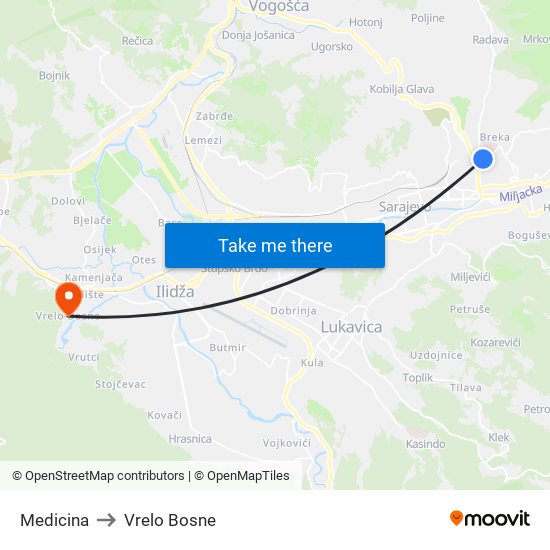 Medicina to Vrelo Bosne map