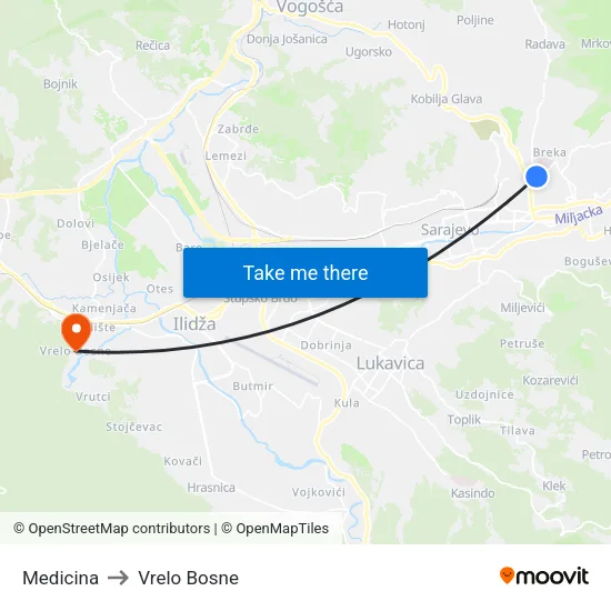 Medicina to Vrelo Bosne map