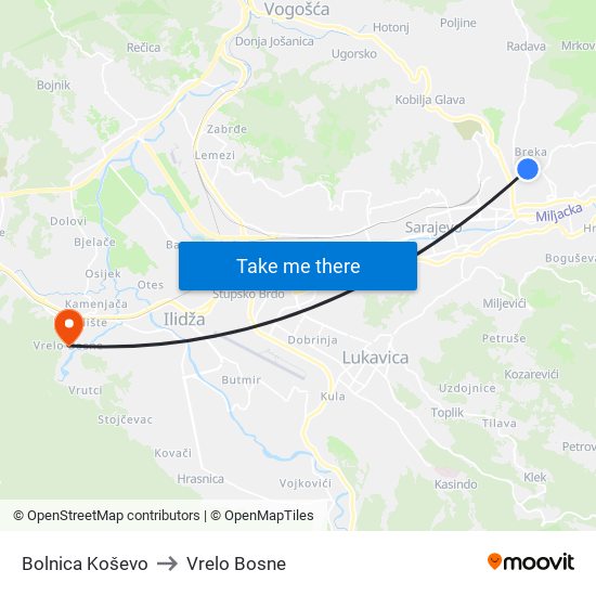 Bolnica Koševo to Vrelo Bosne map