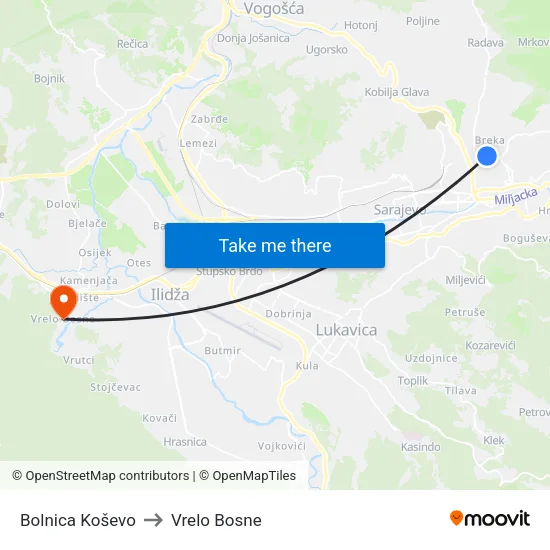 Bolnica Koševo to Vrelo Bosne map