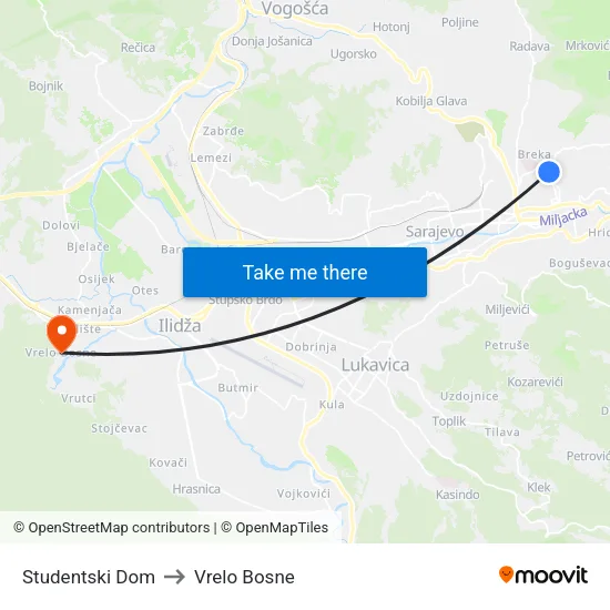 Studentski Dom to Vrelo Bosne map
