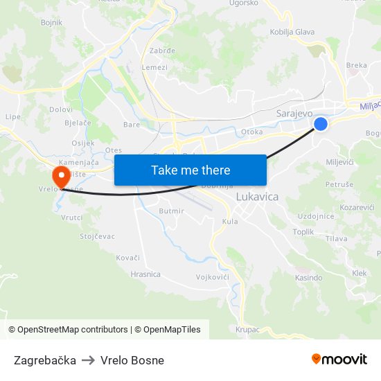 Zagrebačka to Vrelo Bosne map