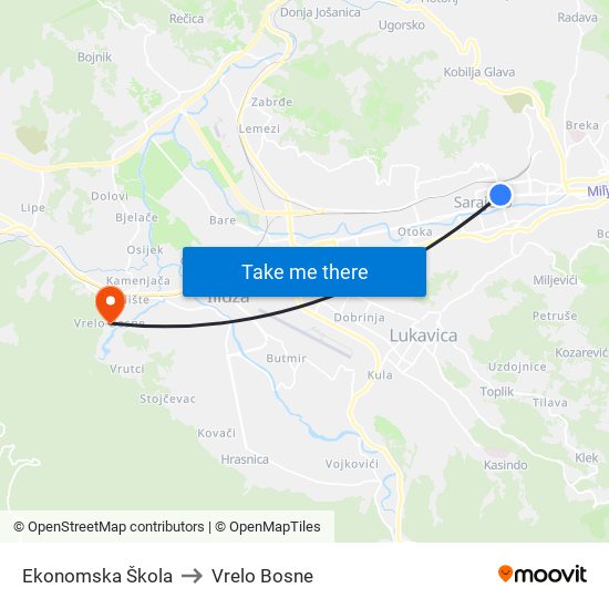 Ekonomska Škola to Vrelo Bosne map