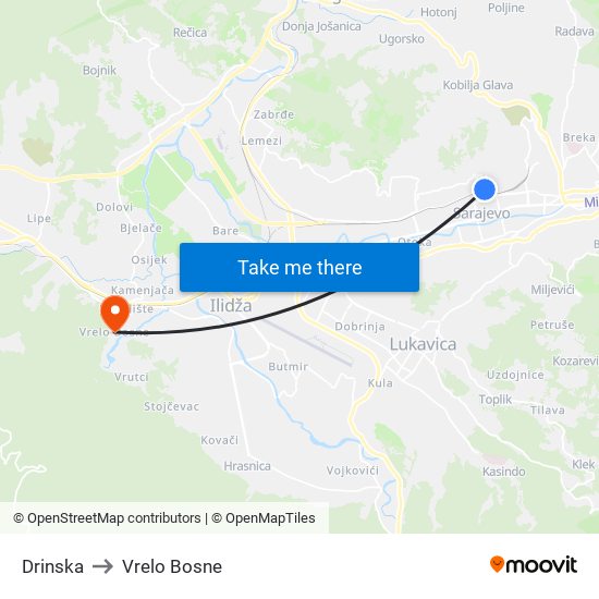 Drinska to Vrelo Bosne map