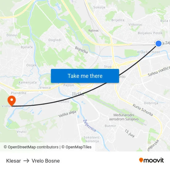 Klesar to Vrelo Bosne map