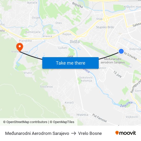 Međunarodni Aerodrom Sarajevo to Vrelo Bosne map