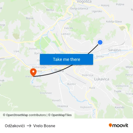Odžakovići to Vrelo Bosne map