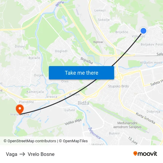 Vaga to Vrelo Bosne map