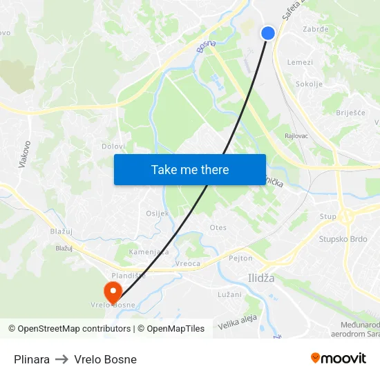 Plinara to Vrelo Bosne map