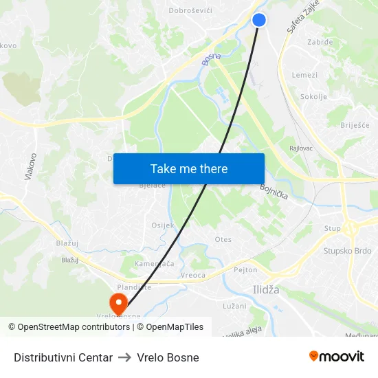 Distributivni Centar to Vrelo Bosne map