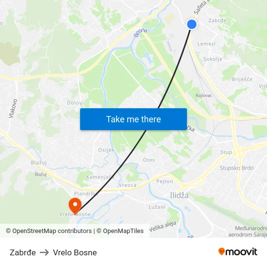 Zabrđe to Vrelo Bosne map