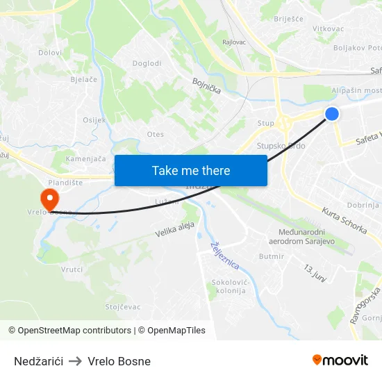 Nedžarići to Vrelo Bosne map