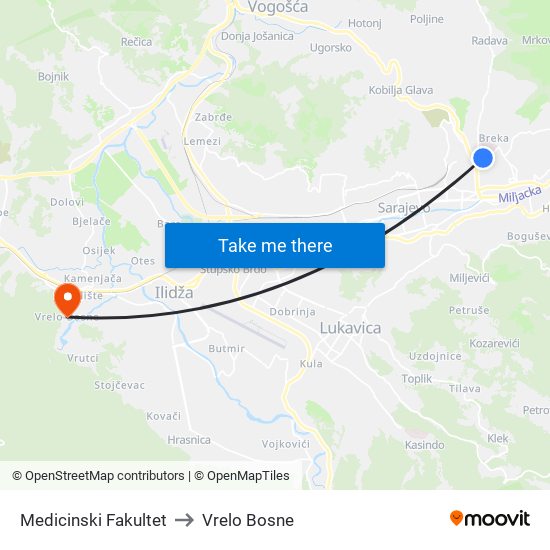 Medicinski Fakultet to Vrelo Bosne map