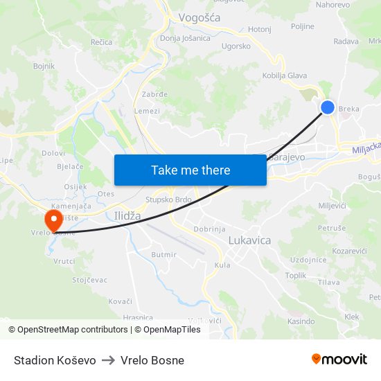 Stadion Koševo to Vrelo Bosne map