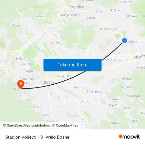 Stadion Koševo to Vrelo Bosne map