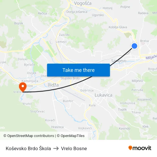 Koševsko Brdo Škola to Vrelo Bosne map