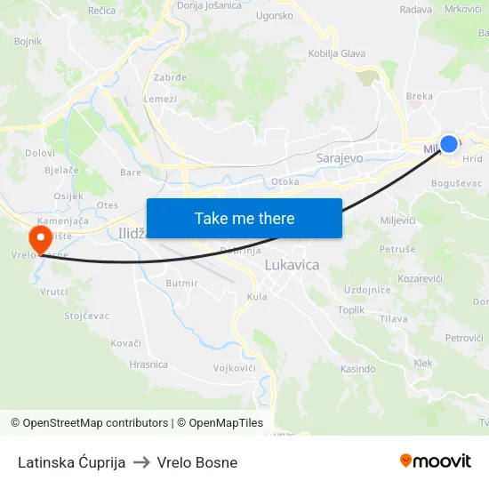 Latinska Ćuprija to Vrelo Bosne map