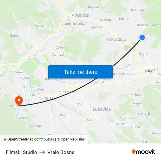 Filmski Studio to Vrelo Bosne map