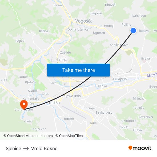 Sjenice to Vrelo Bosne map