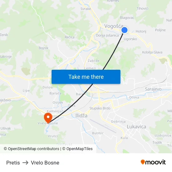 Pretis to Vrelo Bosne map