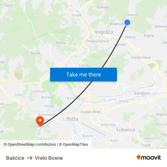 Bašćice to Vrelo Bosne map