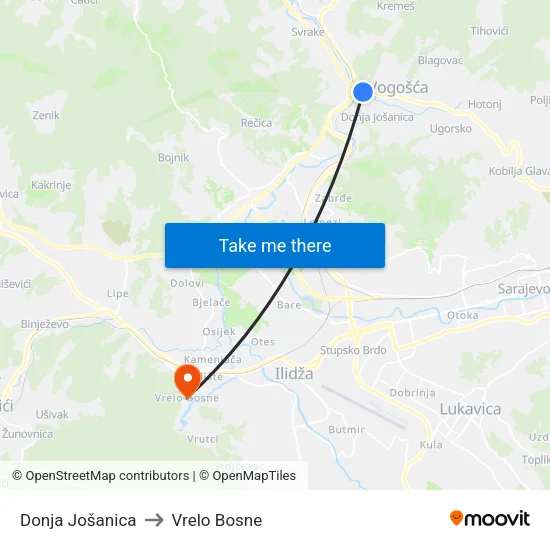 Donja Jošanica to Vrelo Bosne map