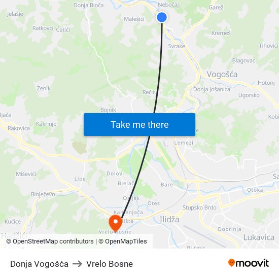 Donja Vogošća to Vrelo Bosne map
