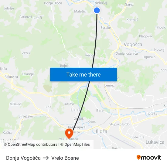 Donja Vogošća to Vrelo Bosne map