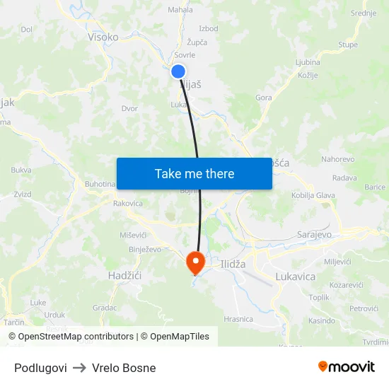 Podlugovi to Vrelo Bosne map
