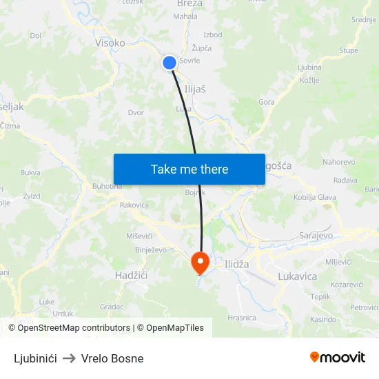 Ljubinići to Vrelo Bosne map