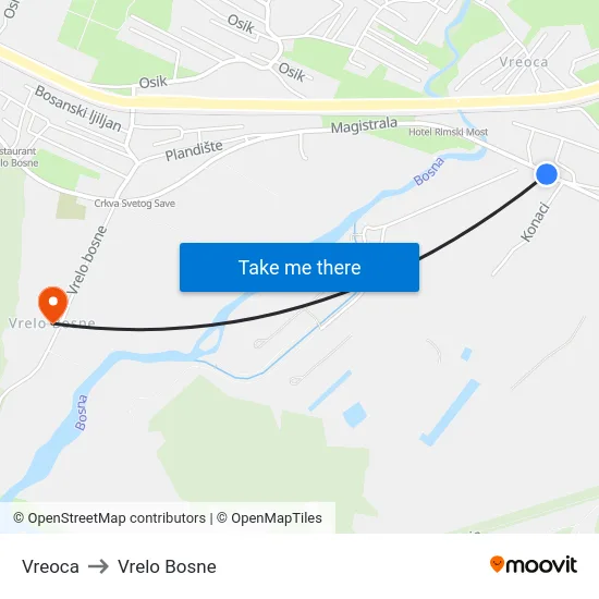 Vreoca to Vrelo Bosne map