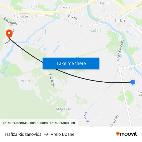 Hafiza Ridžanovića to Vrelo Bosne map