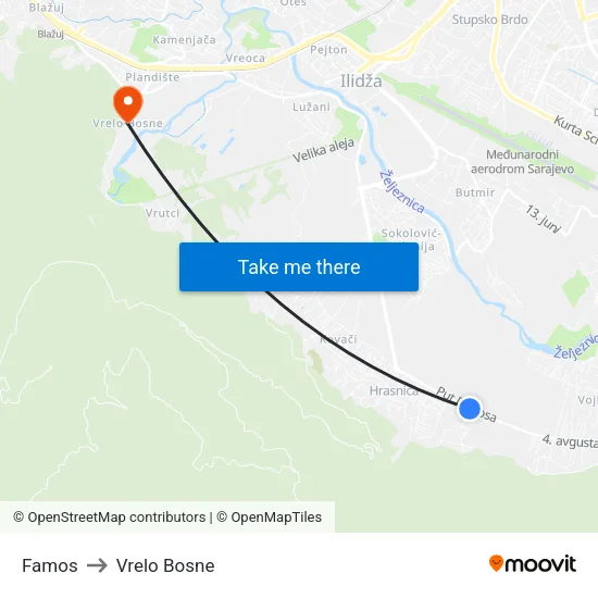 Famos to Vrelo Bosne map