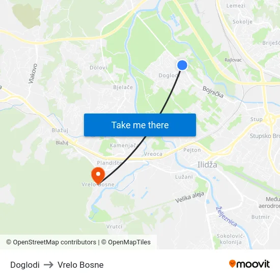 Doglodi to Vrelo Bosne map