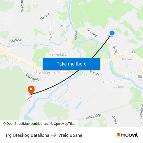 Trg Oteškog Bataljona to Vrelo Bosne map
