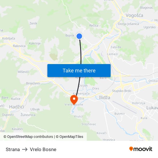 Strana to Vrelo Bosne map