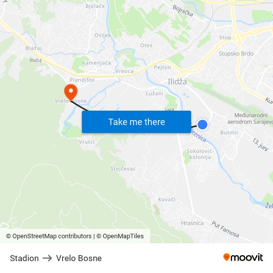 Stadion to Vrelo Bosne map