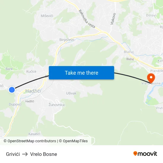 Grivići to Vrelo Bosne map