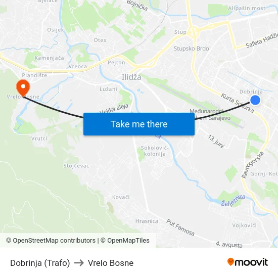 Dobrinja (Trafo) to Vrelo Bosne map