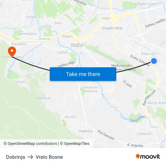 Dobrinja to Vrelo Bosne map